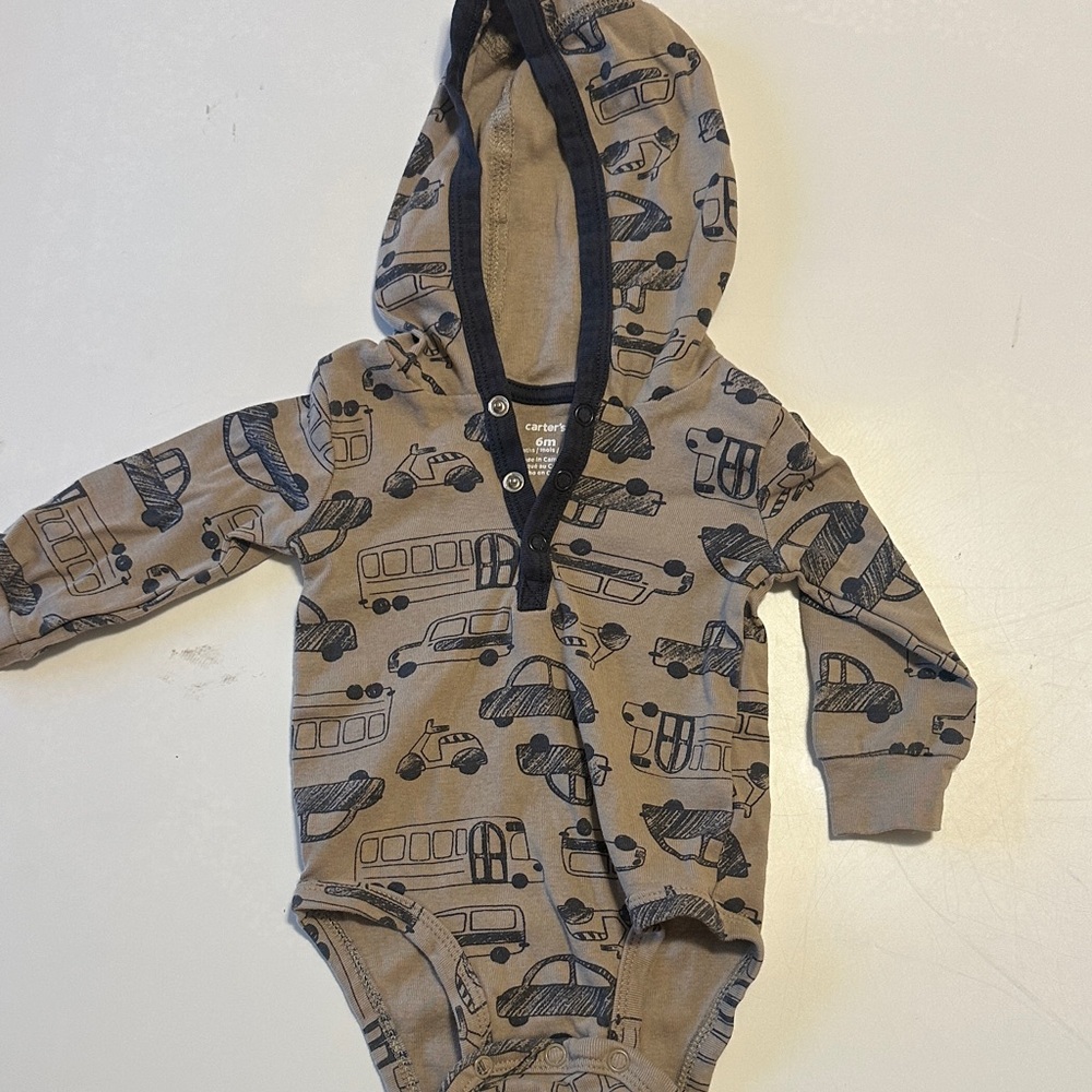 Carter's Tan Hooded Bodysuit with Vehicle Print